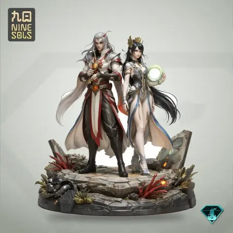 A dynamic 3D model of two fantasy figures, Fuxi and Nuwa, standing on a decorative base.