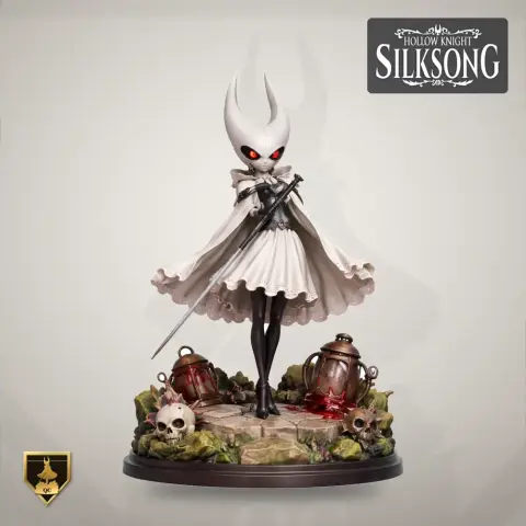 Character with a horned mask, cape, and sword on a decorative base with skulls and lanterns.