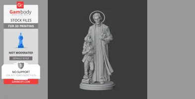 A devotional statue of a man with a halo and a child, standing on a round base.
