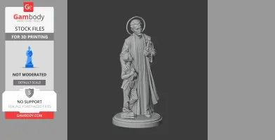 A 3D print-ready statue of a man with halo holding a book, standing beside a child on a pedestal.