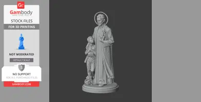 A devotional statue of a saint with a child, both standing on a round base.