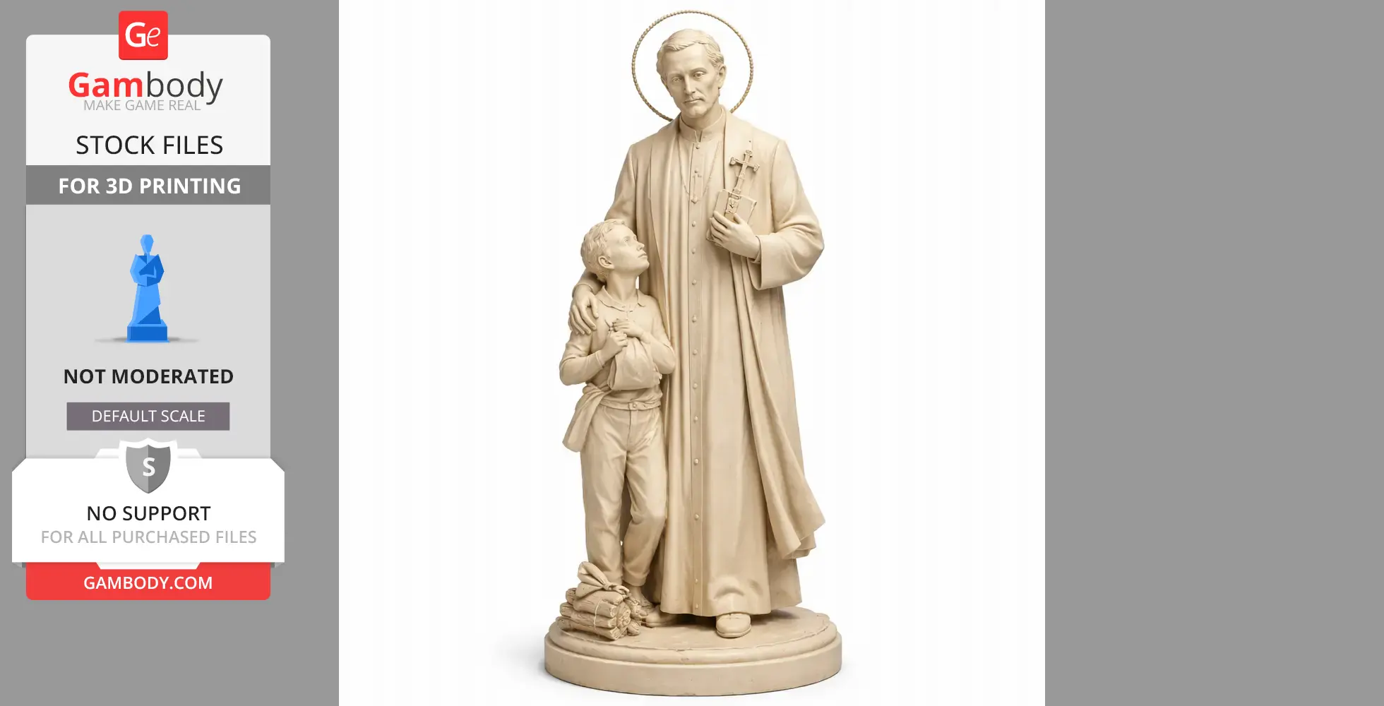 A priestly figure embraces a child, both on a circular base, ideal for 3D printing. Halo above the figure.