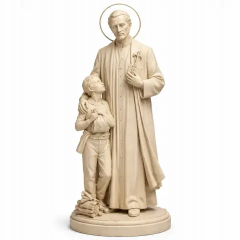 A statue of a standing saint with a halo, arm around a child, on a round base.