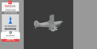 Monochrome 3D model of a biplane aircraft, side view, suitable for 3D printing.