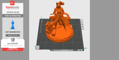 A 3D model of an armored warrior with a sword, standing on a detailed circular base for printing.