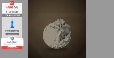 A detailed 3D printed figure of a character in armor with long hair, standing on a themed base.