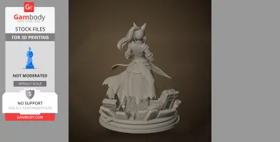 A character figure with fox-like ears, wearing a flowing dress, standing on a decorative base.