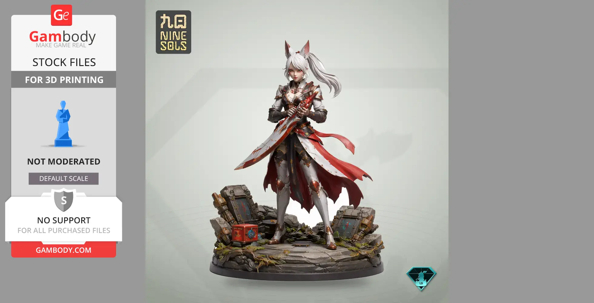 Warrior figure with fox ears, holding a sword, in armor with red accents, standing on a rocky base.