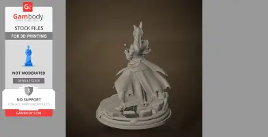 A detailed character figure with a flowing dress and long hair, holding a sword, standing on a decorative base.
