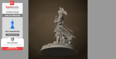 An armored character with a ponytail, holding a sword, standing on a detailed base.