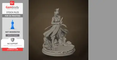 A fantasy character with fox ears and a sword, standing on a detailed base with books and cloth.