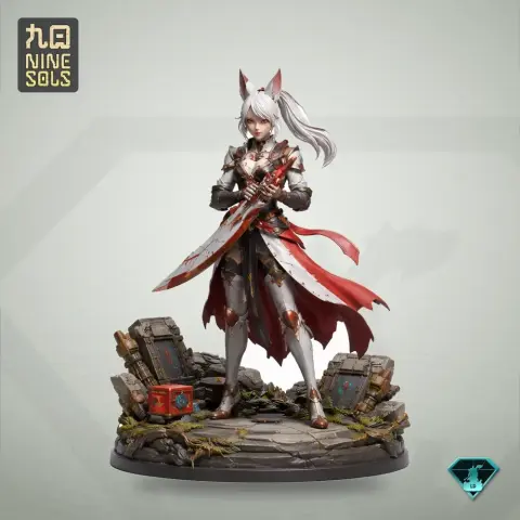 Armored character with long hair, fox ears, holding a sword, stands on detailed base with crates and foliage.