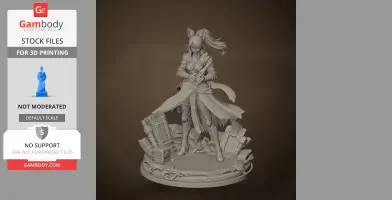Detailed character figure with long hair, armor, and sword, standing on a decorated base with books and scrolls.