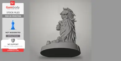 A 3D model of a leafy character holding a lantern, standing on a circular base with rocks.