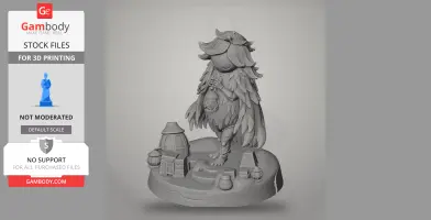 A detailed 3D model of Moss Mother from Hollow Knight: Silksong holding a lantern, standing on a base with miniature structures.