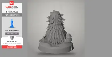 A 3D model of a moss-covered character from behind, with detailed leaf textures and accessories.