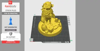 A detailed STL model of Moss Mother holding a lantern, standing on a base with various objects.