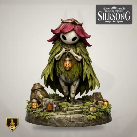 Woodland character with leaf cape and lantern, standing on a stone base with cozy house details.