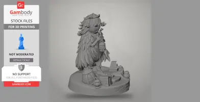 A detailed 3D-printed character figure resembling a moss-covered creature holding a lantern, on a themed base.