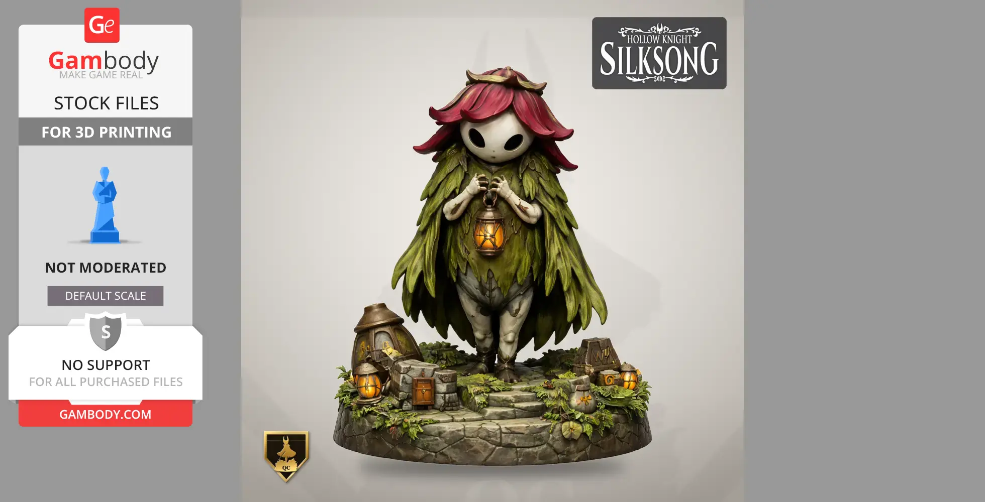 Mystical creature with leaf cloak and red hair, holding a lantern, surrounded by small houses and foliage.