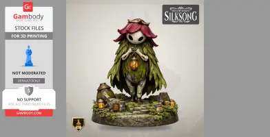 Mystical creature with leaf cloak and red hair, holding a lantern, surrounded by small houses and foliage.