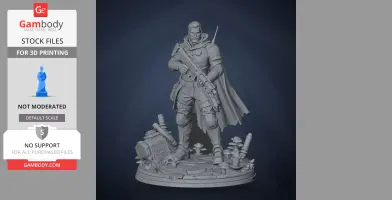 A detailed 3D character figure with a cloak, holding a rifle, standing on a decorated base with foliage and objects.