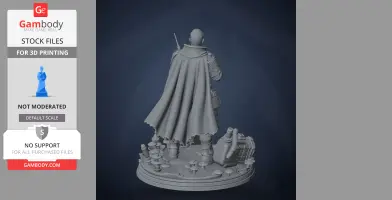A cloaked figure holding a rifle, standing on a detailed base with mushrooms and bags.
