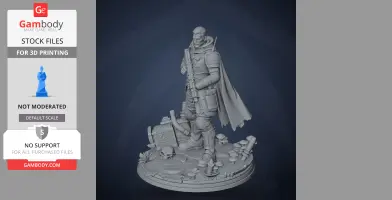 A detailed character figure holding a rifle, wearing a cape, standing on a decorative base with objects.