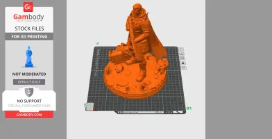 A 3D model of a cloaked figure holding a large gun, standing on a detailed base with plants and objects.
