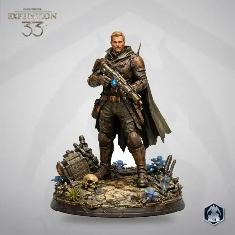 Armored figure with a rifle and cloak, standing on a detailed base with blue flowers and a skull.