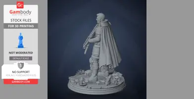 A detailed 3D printed figure of a man in armor with a cape, holding a rifle, standing on a textured base.
