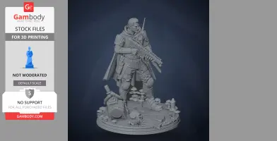 Armed character in tactical gear, standing on a detailed base with mushrooms and debris.