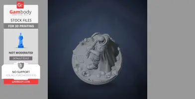 A 3D model of a cloaked figure with a staff, standing on a detailed, rocky base.
