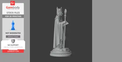 A 3D model of Saint Albertus Magnus in robes, holding a staff and book, standing on a decorative base.
