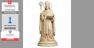 A detailed statue of a bishop with a crosier and book, standing on a decorative base with floral accents.