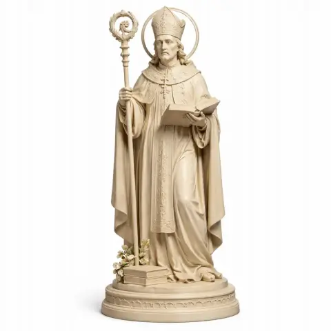 A detailed statue of Saint Albertus Magnus, holding a staff and book, standing on a decorative base.