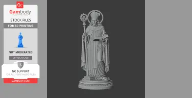 A detailed statue of Saint Albertus Magnus holding a staff and book, wearing a robe and mitre, on a round base.