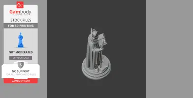 A 3D model of a saintly figure holding a book and staff, standing on a round base.