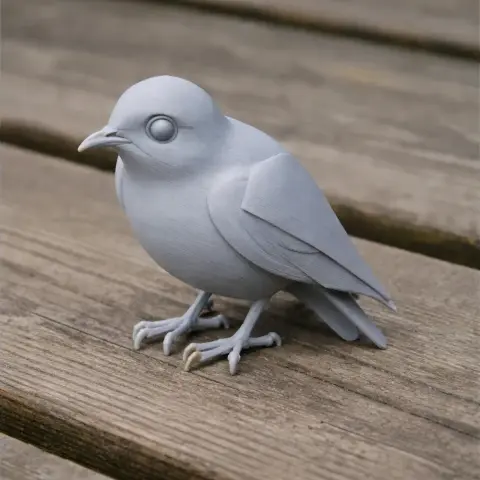 A 3D-printed model of a small bird with detailed wings and feet, perched on a wooden surface.