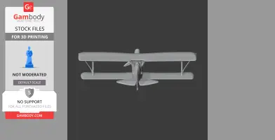 Gray biplane 3D model shown from the front, labeled for 3D printing by Gambody.