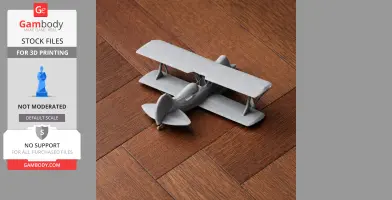 Gray 3D-printed Acro Sport II biplane model on wooden floor.