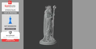 A detailed statue of a bearded man in robes holding a staff and book, wearing a hat.