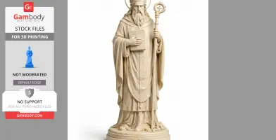 Devotional statue of Saint Albinus holding a book and staff, adorned with a halo on a pedestal.