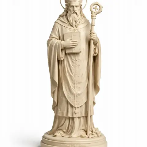 A detailed statue of Saint Albinus holding a book and staff, wearing robes and a halo.