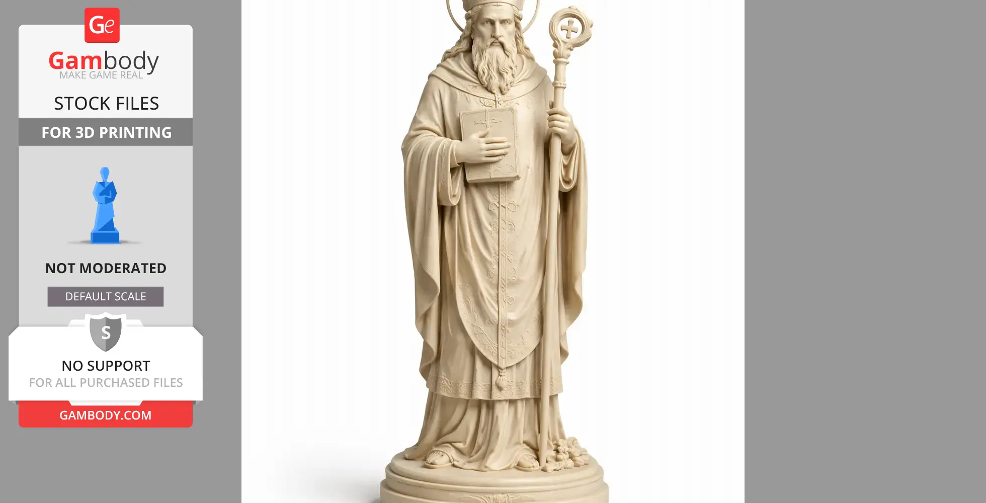 Devotional statue of Saint Albinus holding a book and staff, adorned with a halo on a pedestal.