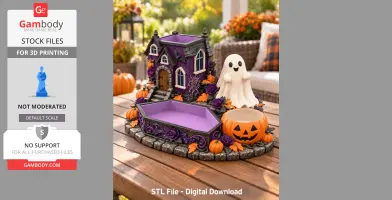 Haunted house organizer with a ghost, pumpkins, and purple coffin-shaped holders. Perfect for Halloween decor.