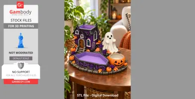 Haunted house organizer with ghost, pumpkins, and coffin-shaped tray, ideal for Halloween-themed 3D printing.