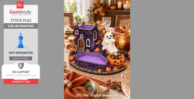 Purple haunted house organizer with ghost, pumpkin, and autumn decor for a Halloween-themed table setting.