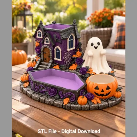 Haunted house organizer with ghost, pumpkins, and autumn leaves for 3D printing.