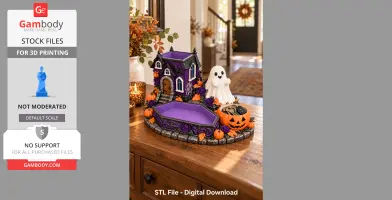Purple haunted house organizer with pumpkins, ghost, and a tray, designed for 3D printing.